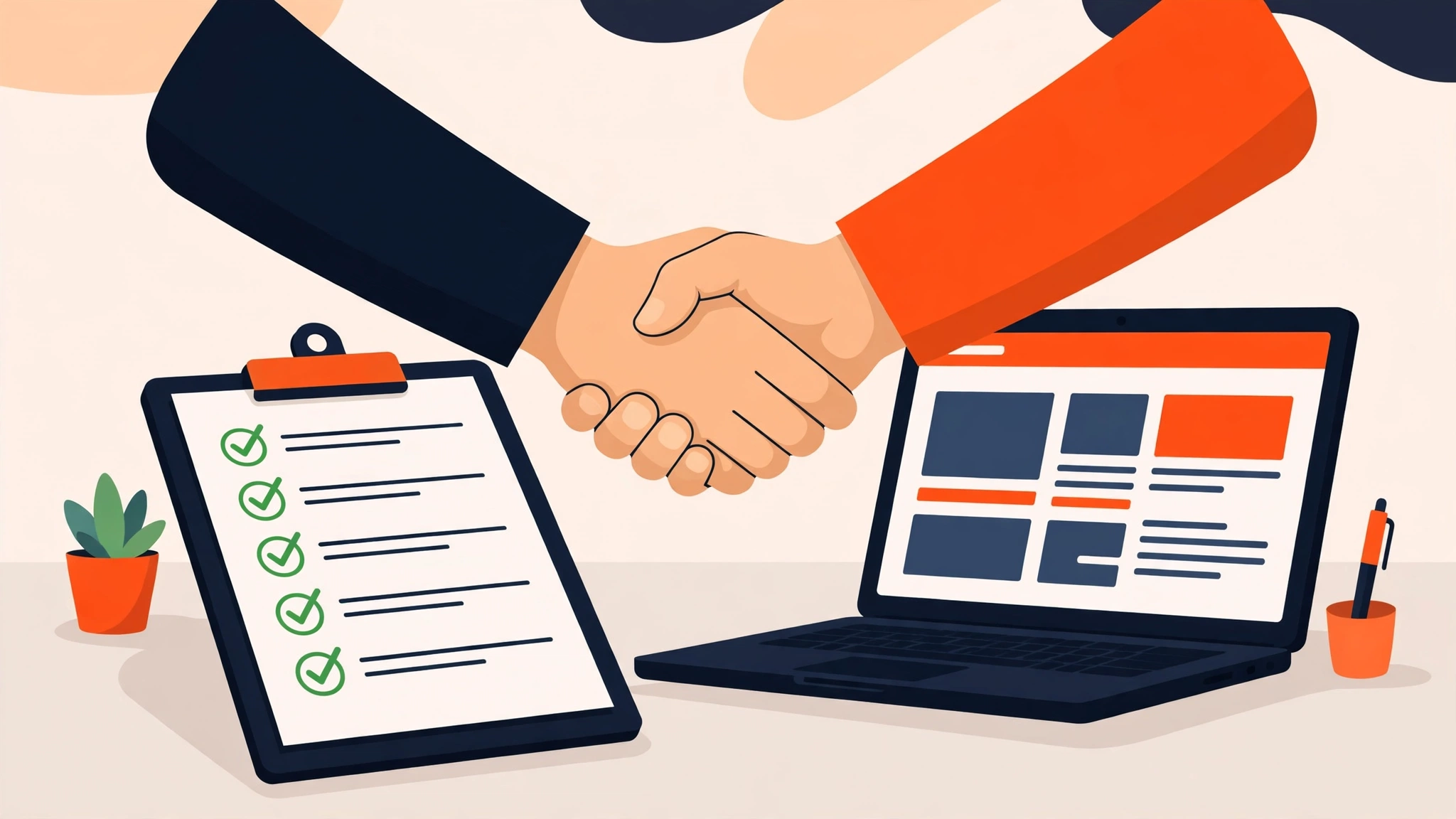 Illustration of choosing a web design agency with a checklist and handshake