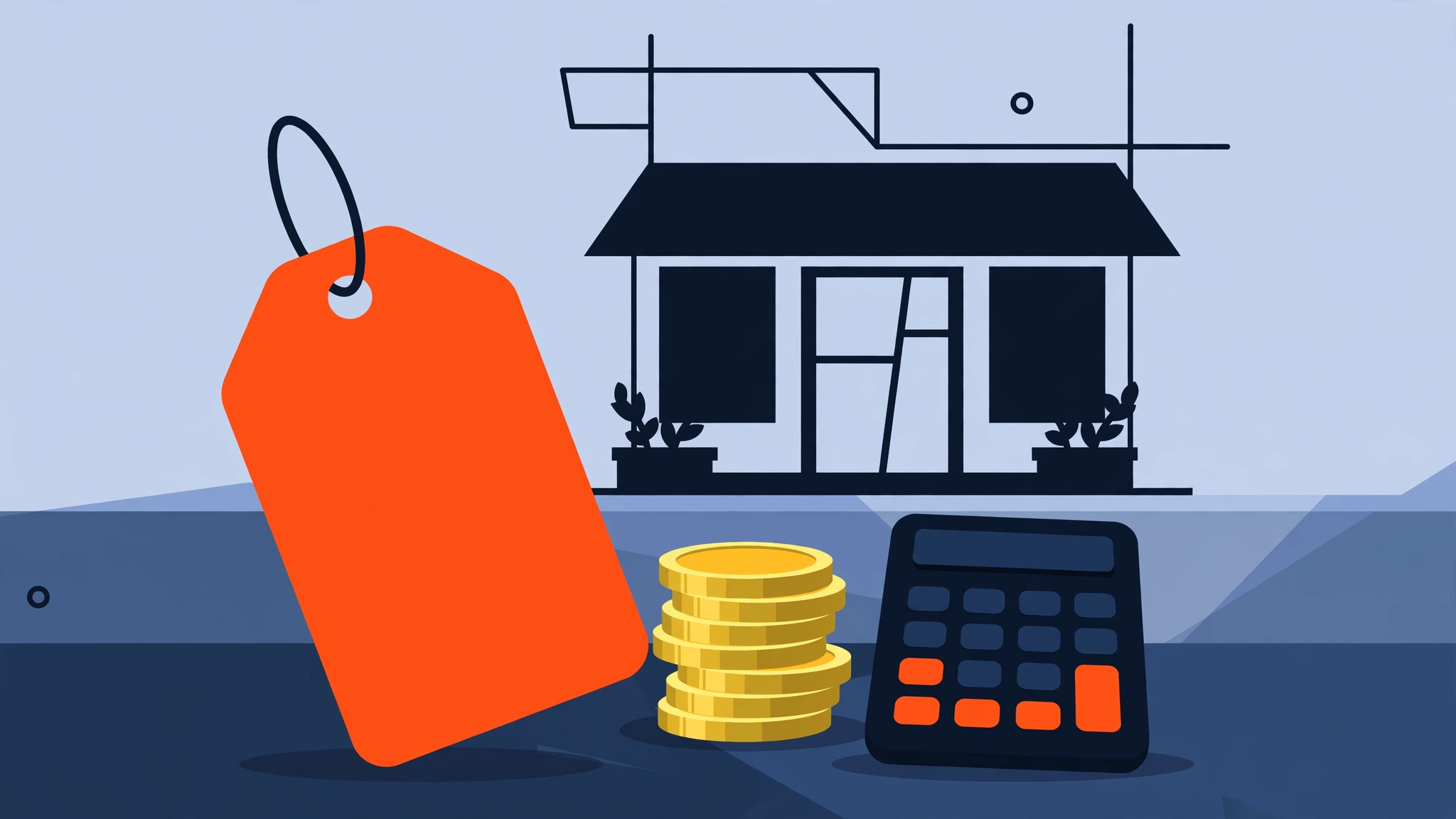 Illustration of website pricing with a price tag, coins, and calculator
