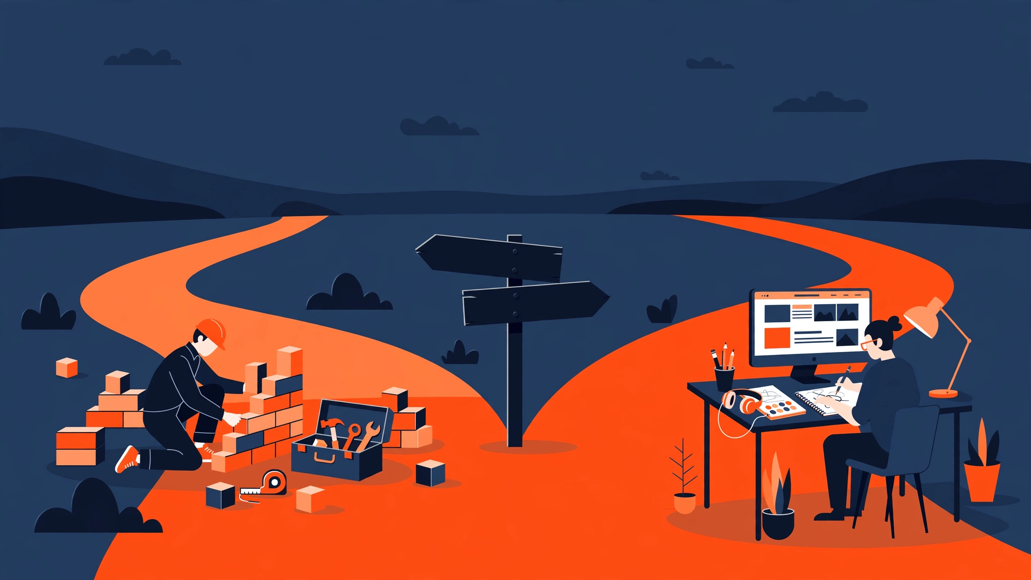 Illustration of a fork in the road between DIY website building and hiring a designer