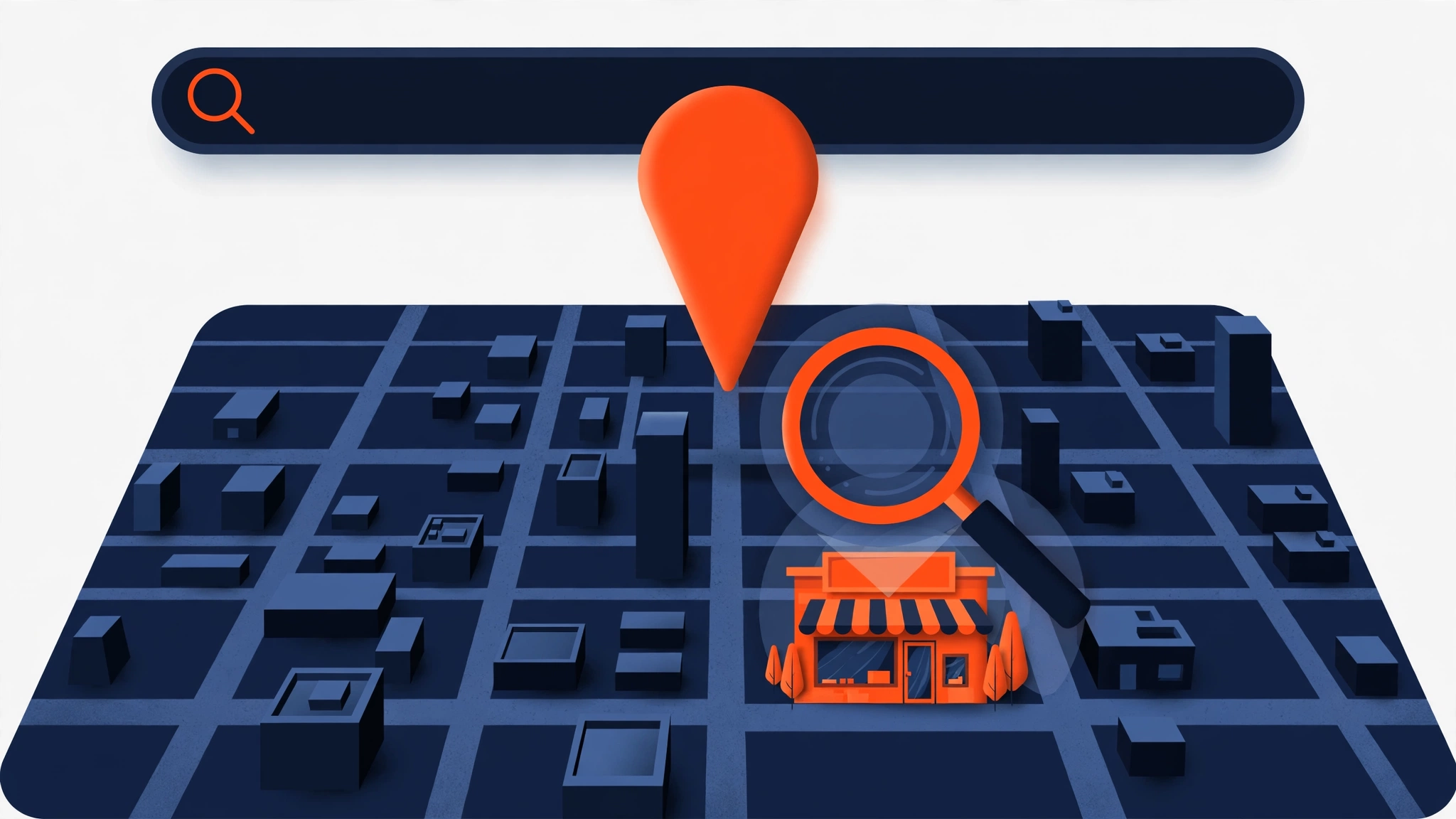 Illustration of local SEO with a map pin over a city map and storefront
