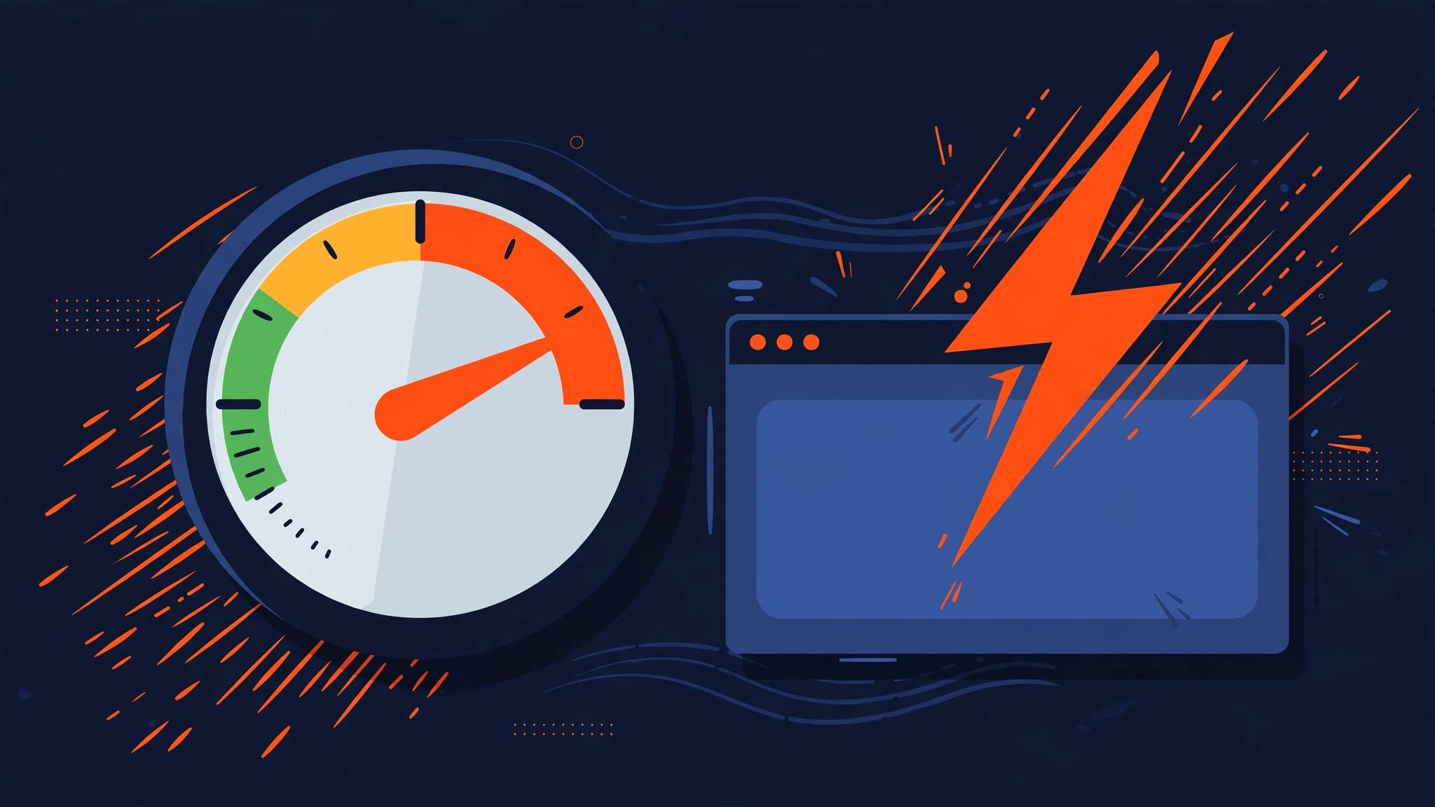 Illustration of website speed with a speedometer gauge and lightning bolt