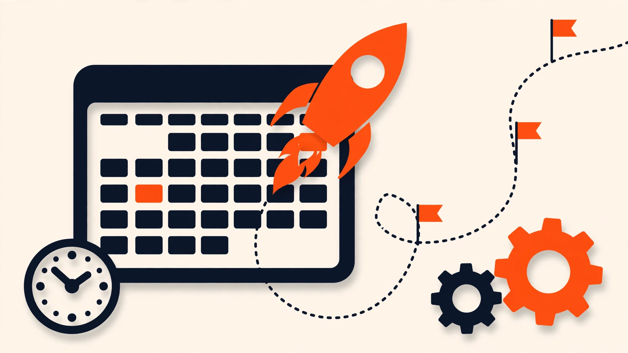 Illustration of a website project timeline with calendar, rocket and milestones