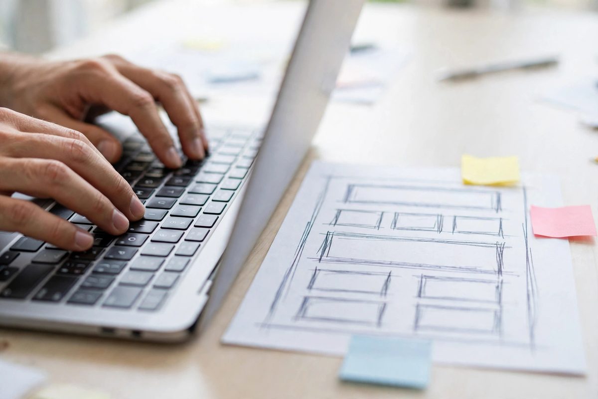 A developer coding while a paper wireframe sketch sits nearby