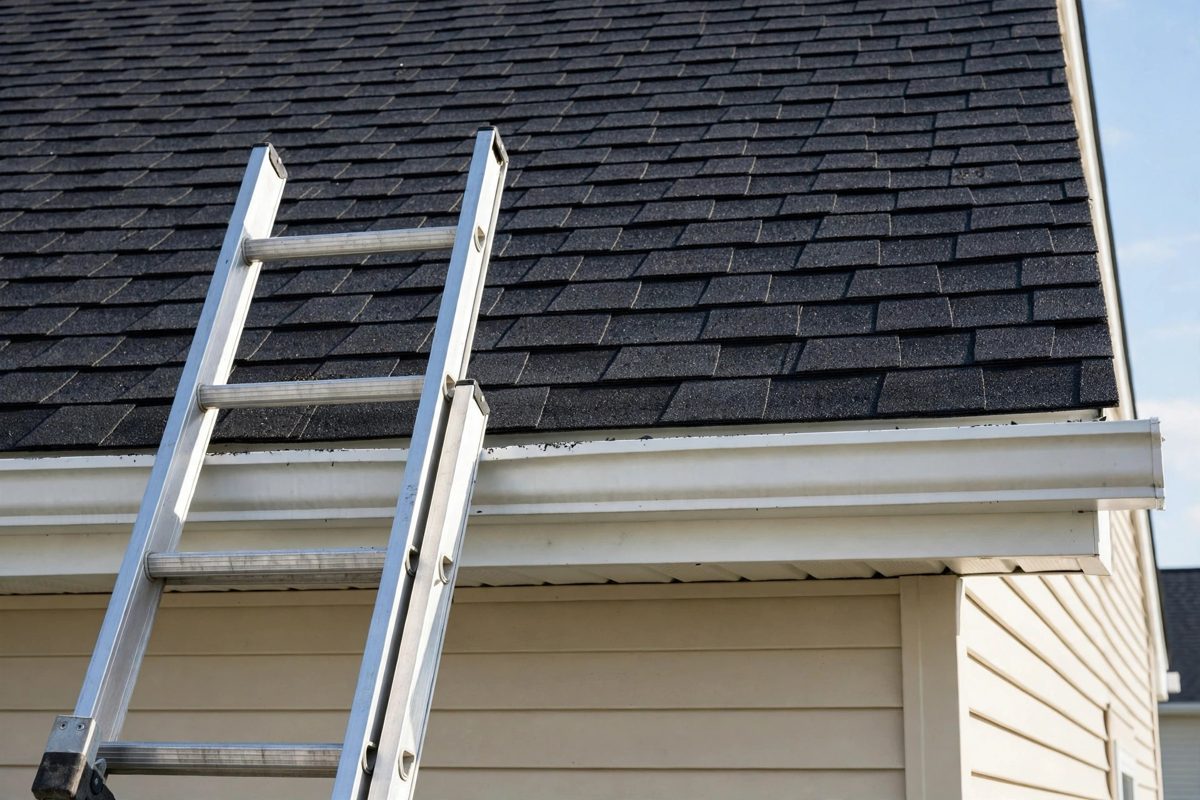 Freshly installed shingle roof with a ladder against the gutter — the kind of real-job photo a roofing website should show
