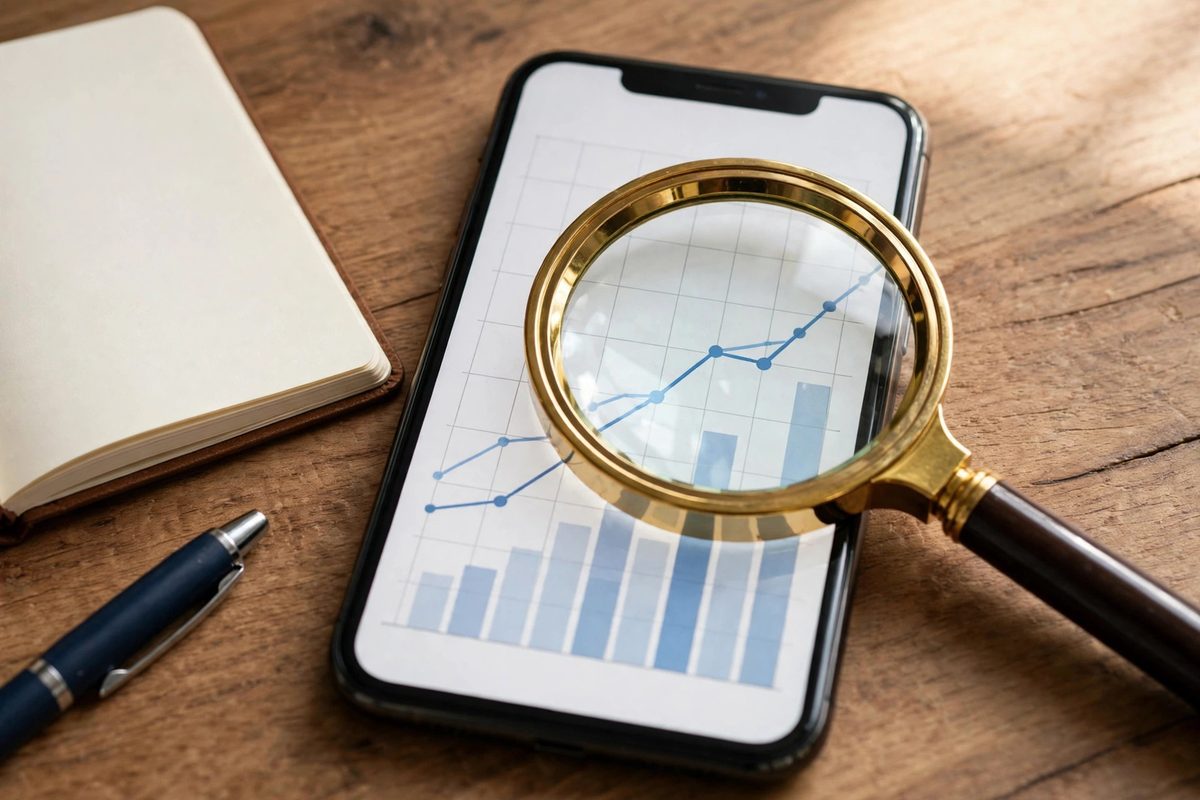 Magnifying glass over a website traffic report on a phone, analyzing the cause of a traffic drop