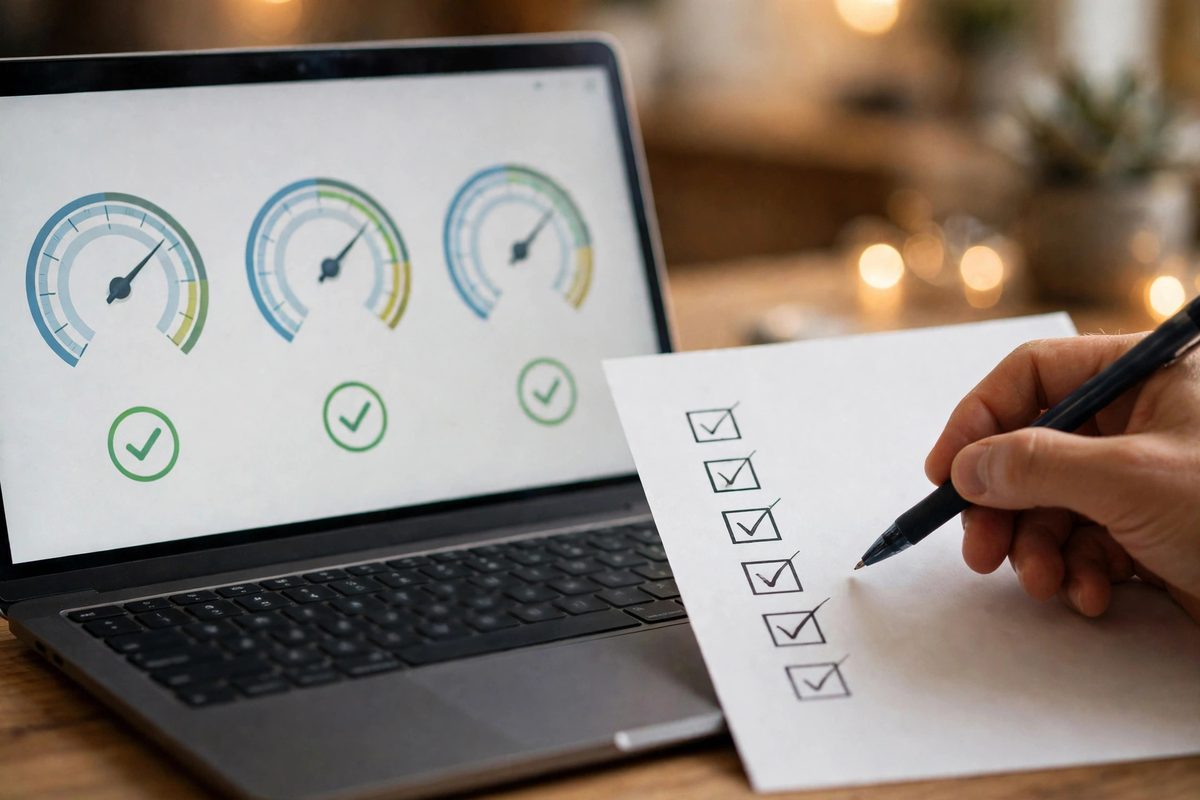 Reviewing a website performance report and checklist on a laptop