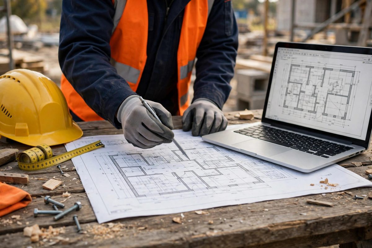 A contractor reviewing blueprints and a laptop on a workbench at a building site