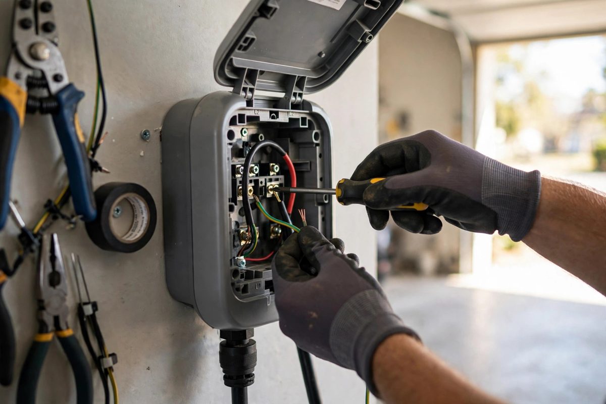 Electrician wiring a new EV charger on a garage wall