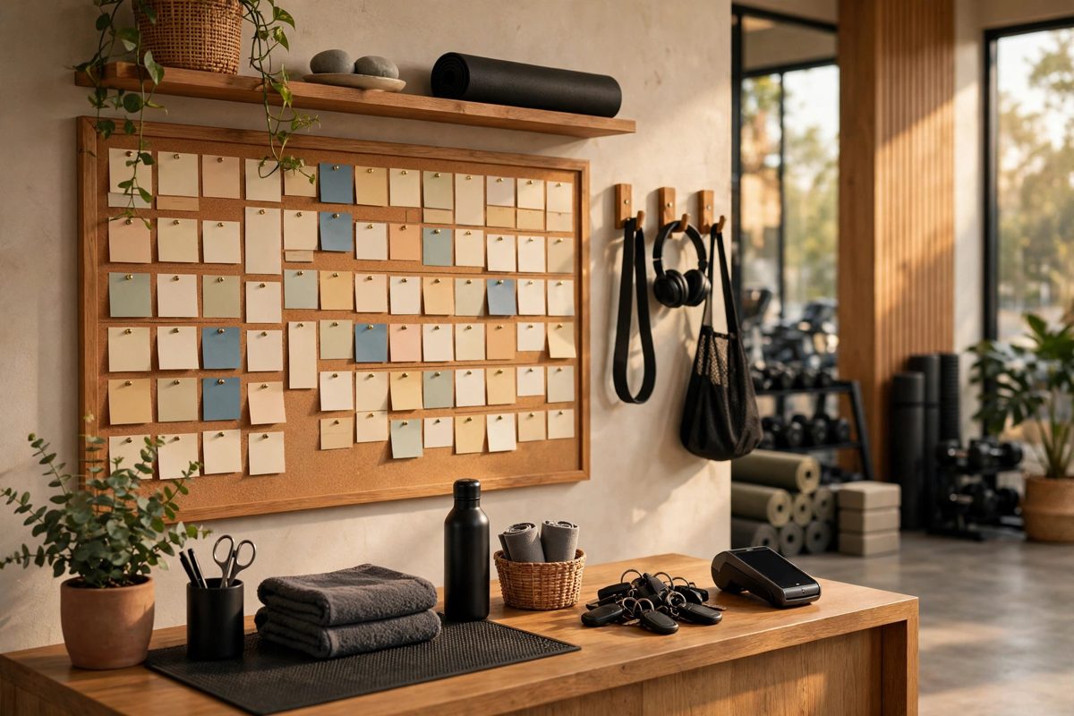 A fitness studio reception area with a class schedule board