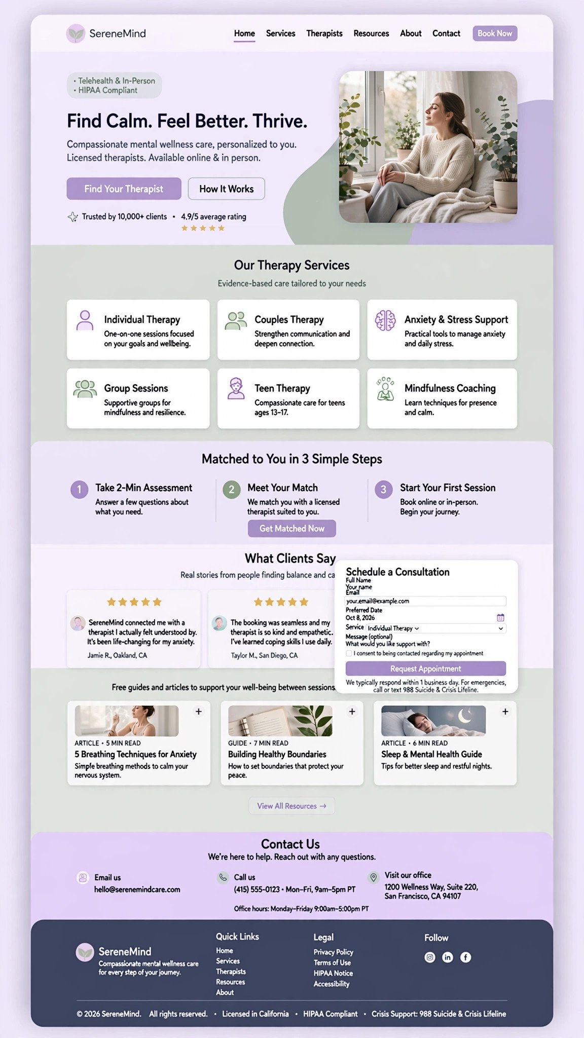 Mental Wellness Center Website - Healthcare website concept design