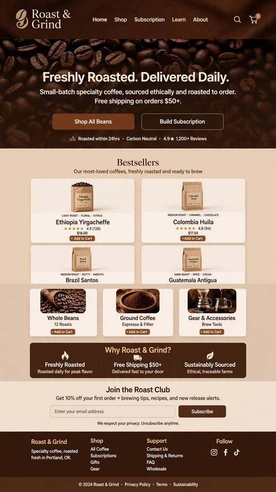 Roast & Grind Coffee - E-Commerce website design
