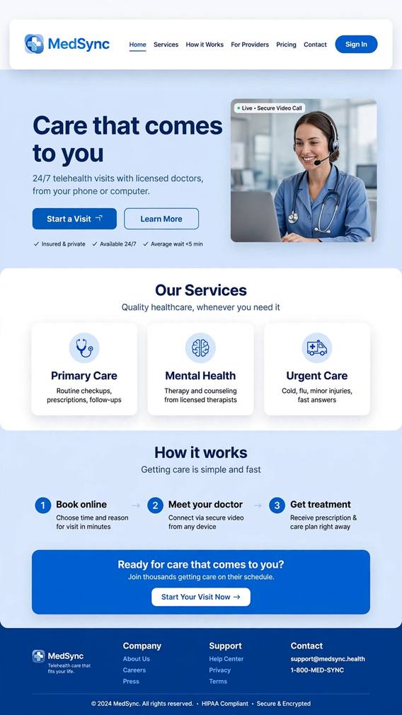 MedSync Telehealth - Web App website design